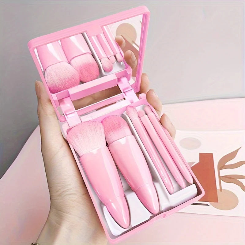 Ultimate 5-Piece Portable Makeup Brush Set with Mirror - Your Go-To Travel Glam Kit