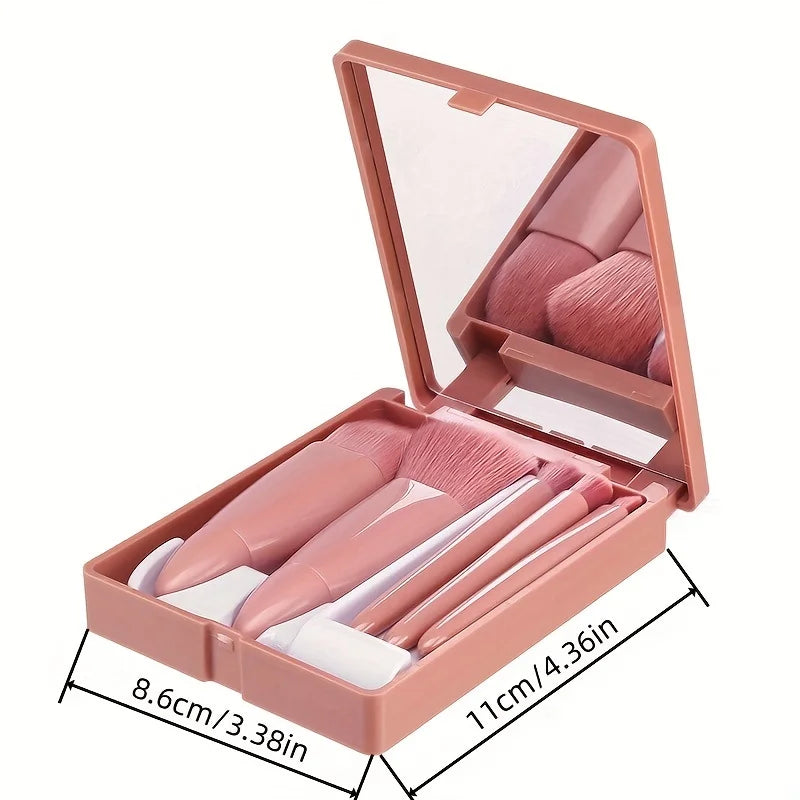 Ultimate 5-Piece Portable Makeup Brush Set with Mirror - Your Go-To Travel Glam Kit