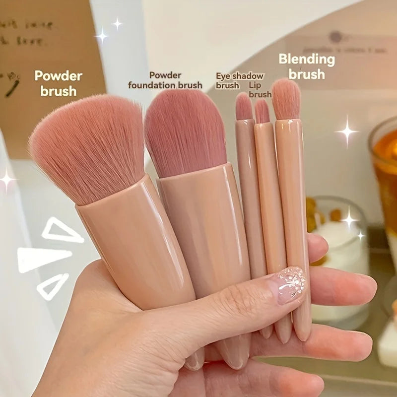 Ultimate 5-Piece Portable Makeup Brush Set with Mirror - Your Go-To Travel Glam Kit