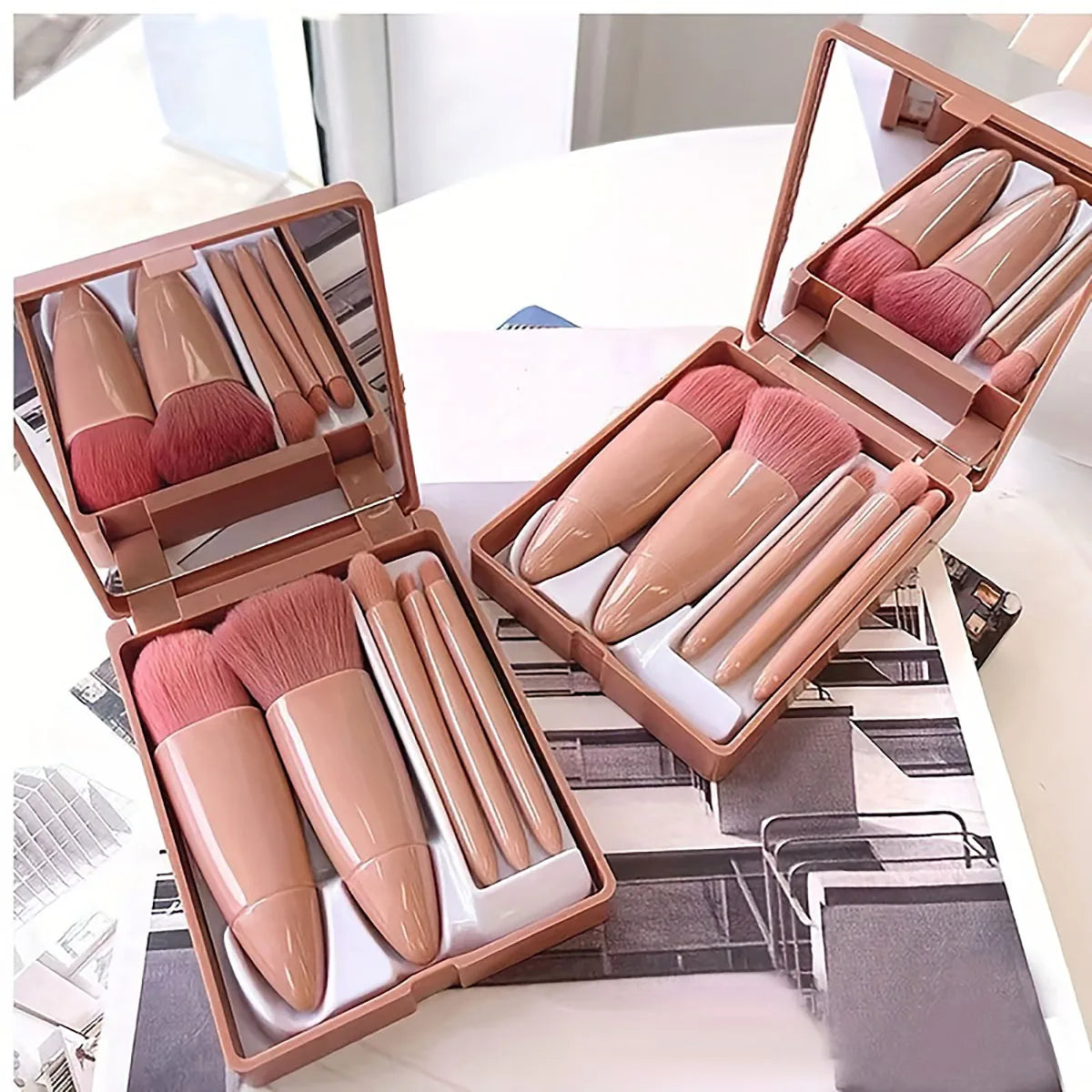 Ultimate 5-Piece Portable Makeup Brush Set with Mirror - Your Go-To Travel Glam Kit