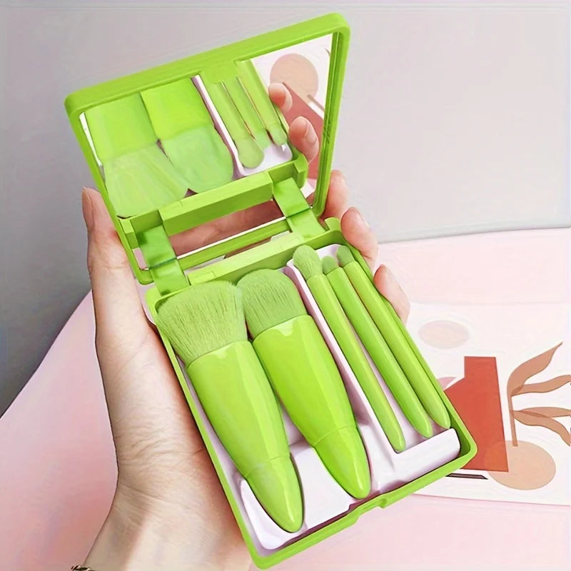 Ultimate 5-Piece Portable Makeup Brush Set with Mirror - Your Go-To Travel Glam Kit