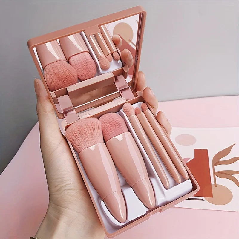Ultimate 5-Piece Portable Makeup Brush Set with Mirror - Your Go-To Travel Glam Kit